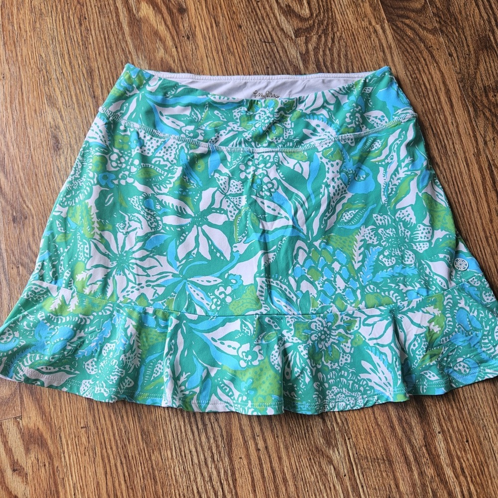 Lilly Pulitzer Luxletic Swim Skirt Skort Women M Aqua Blue White Ruffle Floral
